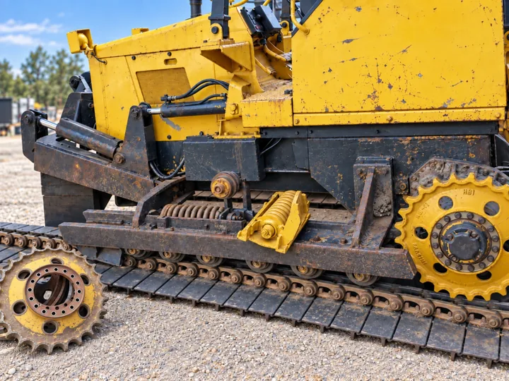 Dozer undercarriage in the yard &mdash; track chain, rollers and drive sprocket, with a second sprocket lying on the gravel