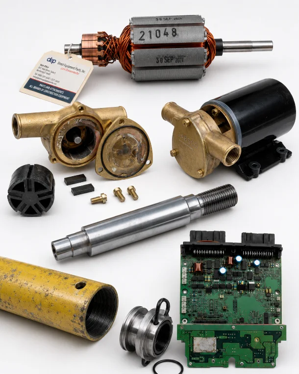 Construction equipment parts laid out with a Direct Equipment Parts tag - starter armature, brass water pumps, hydraulic ram, bearing and engine control unit