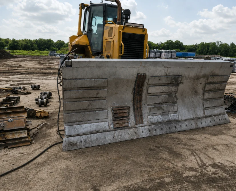 Dozer blade standing detached in the yard in front of a crawler dozer - OEM and aftermarket heavy equipment parts and attachments