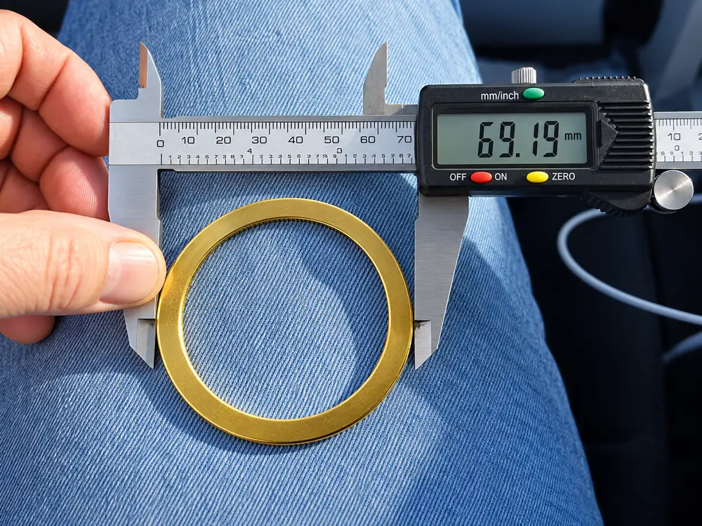 Digital caliper reading 69.19 millimetres across a bronze thrust washer, measured to pin down the exact replacement part