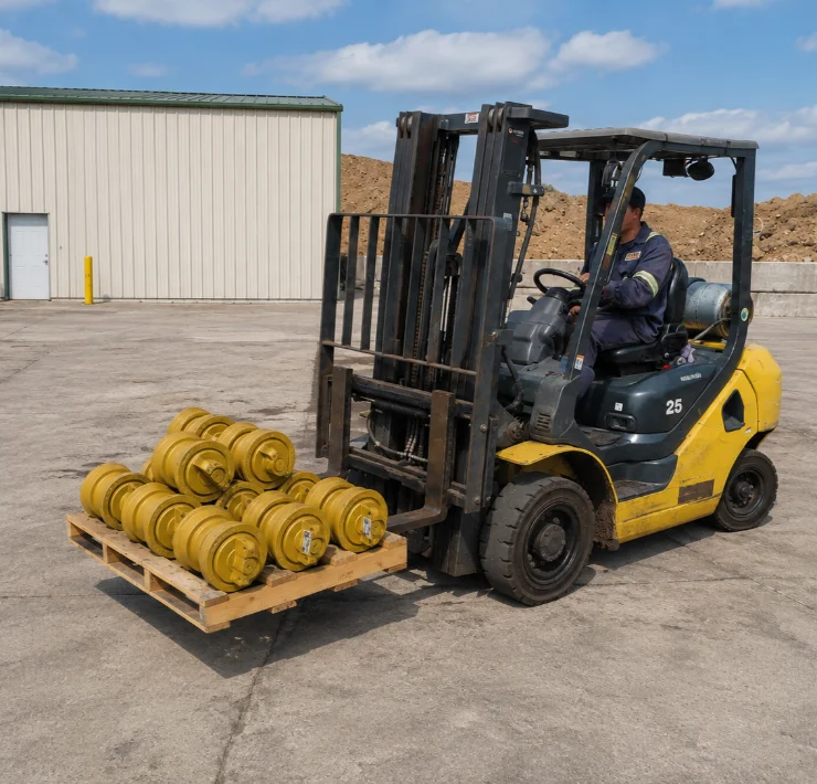 Parts handler moving a pallet of heavy machinery track rollers by forklift, ready for a same day heavy equipment parts delivery